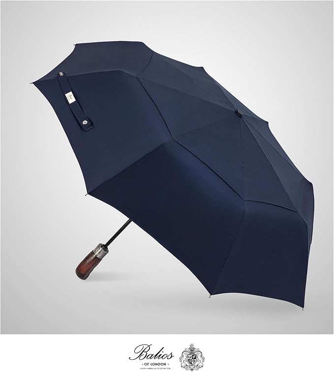 Balios Travel Folding Umbrella with Real Wood Handle Auto Open Close Vented Windproof Canopy - Designed in UK