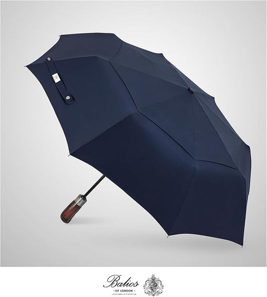 Balios Travel Folding Umbrella with Real Wood Handle Auto Open Close Vented Windproof Canopy - Designed in UK