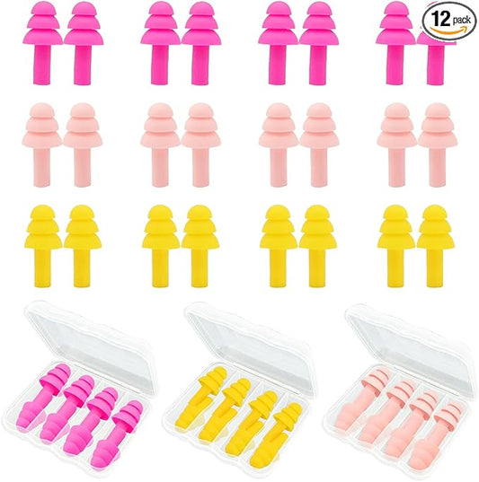 Ear Plugs for Sleeping,12 Pair Earplugs Noise Canceling Soft Silicone Ear Plug Reusable Earplugs for Sleep,Concert,Swimming,Study,Loud Noise,Snoring(Yellow Pink Rose Red)