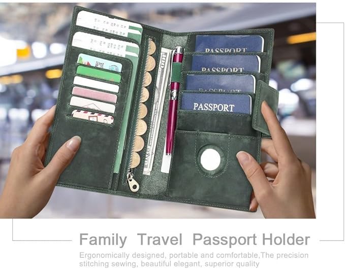 Unisex Genuine Leather Wallet Retro Crazy Horse Leather RFID Blocking Family Travel Passport Holder Slot (Green)