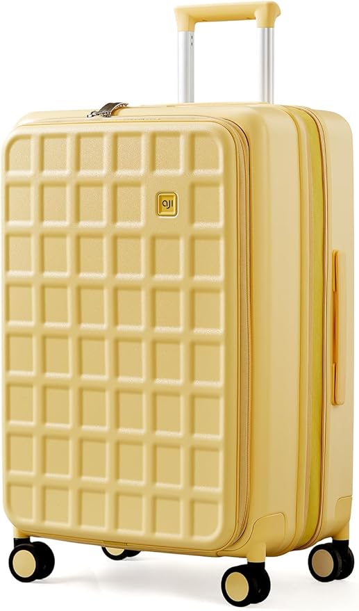 aji Expandable Top Opening 24 Inch Checked Luggage with Spinner Wheels, Large Suitcase with TSA Lock, Hard Shell Travel luggage Suitcases for Men Women, for 12+Days Travel, Cheese Yellow