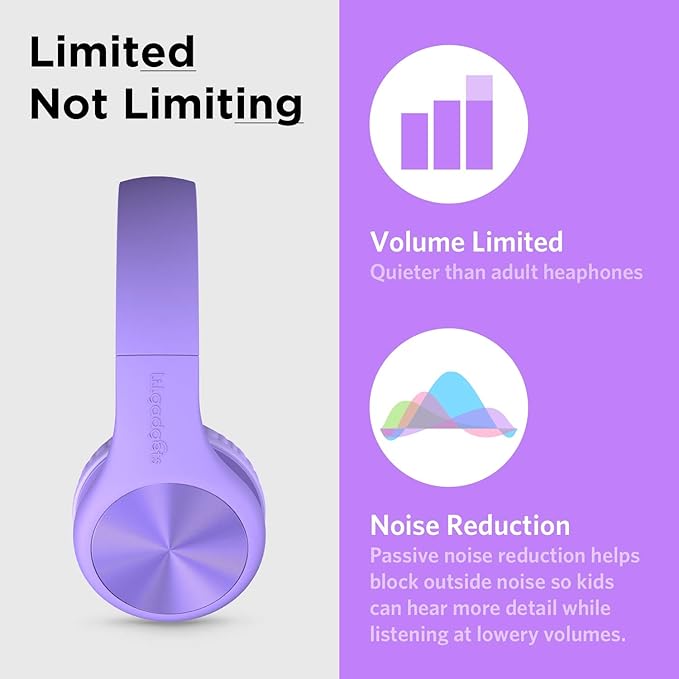 LilGadgets Connect+ Pro Wired Kids Headphones for School with Microphone, Volume Limiting Over-Ear Headset with Cord, SharePort Technology & SoftTouch Padding, Purple