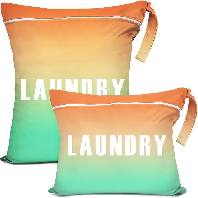 2 Pcs Large Travel Laundry Bag - Waterproof Wet Dry Bag for Gym, Swimming, Yoga - Washable Dirty Clothes and Bathing Suit Workout Bag (Green+Orange)