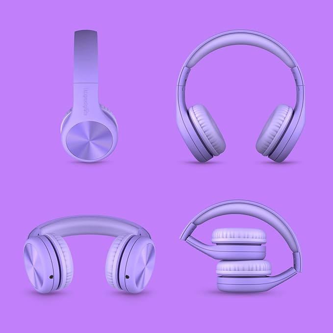 LilGadgets Connect+ Pro Wired Kids Headphones for School with Microphone, Volume Limiting Over-Ear Headset with Cord, SharePort Technology & SoftTouch Padding, Purple