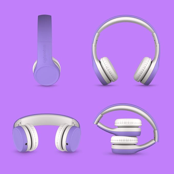 LilGadgets Connect+ Foldable Headphones, Adjustable Fit Soft Touch Padding for Kids with Mic, Volume-Limited & Noise Reduction On-Ear Wired Headset for School with SharePort - Purple, Ages 3-14