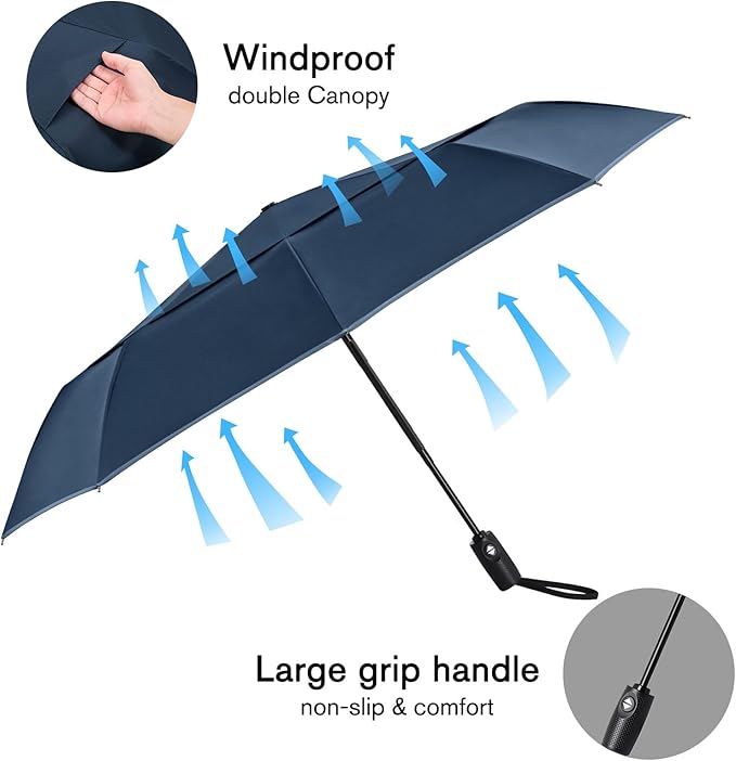 G4Free 42 Inch Eco Windproof Folding Umbrella for Rain & Sun 9 Ribs Wind Resistant Strong Fiberglass Double Canopy with Reflective Strip for Women Men Auto Open Close For Car & Backpack