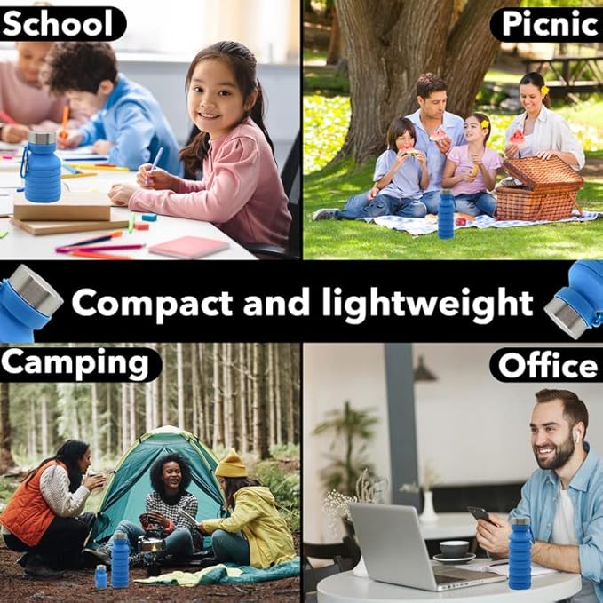 Collapsible Water Bottle (Blue) - Reusable, BPA Free, Silicone, Foldable Portable & Leak Proof - Water Bottles for Travel Gym Camping Hiking - Sports Water Bottle with Carabiner