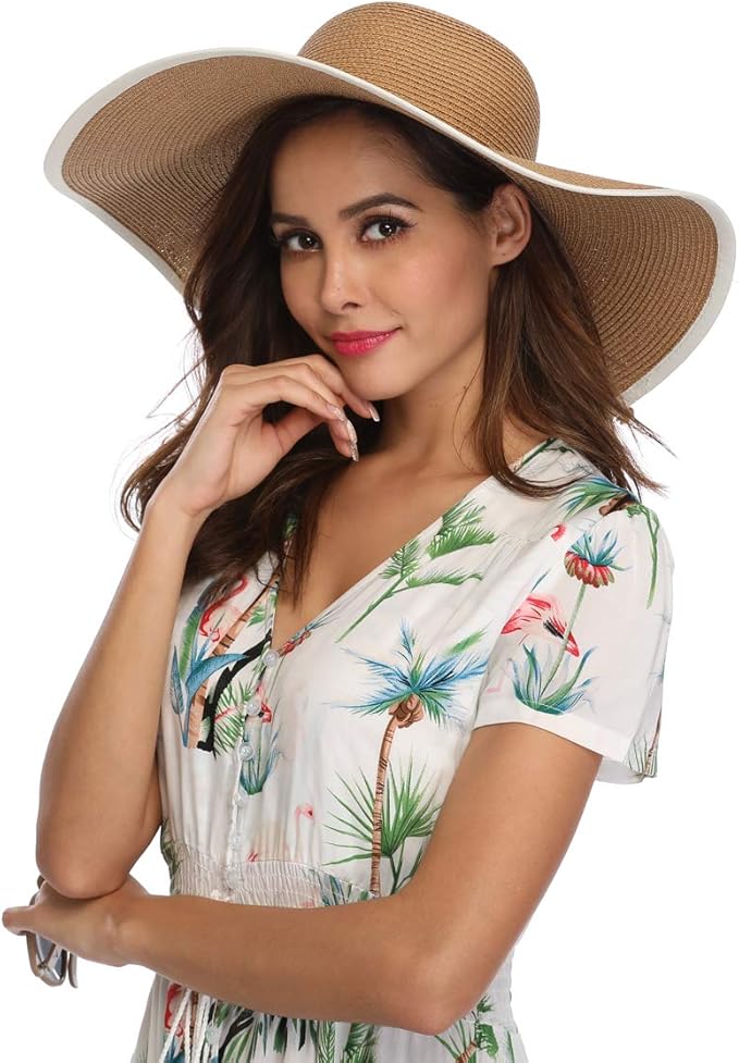 Lanzom Womens Wide Brim Straw Hat Big Floppy Foldable Roll up Cap Beach Sun Hat UPF 50+