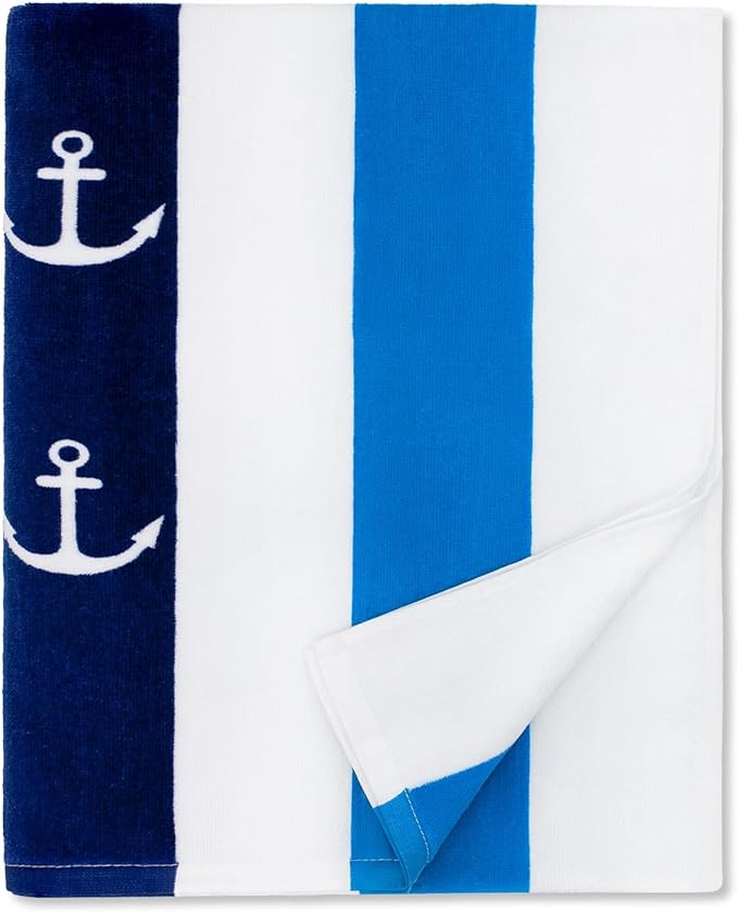 cabanana Large Beach Towel Oversized - Cotton Velour 35 x 70 Inch Anchor Striped Terry Pool Towel, Cabana Soft Swimming Towel for Adults Women Men (Navy Blue)