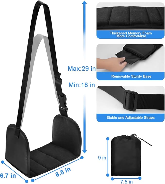 Airplane Foot Hammock with Removable Base & Memory Foam - Wide Hardboard Support No-Collapse Foot Rest for Long Flights, Office, Travel - Thickened Design Relieves Foot Pain (Black, Travel Essentials)
