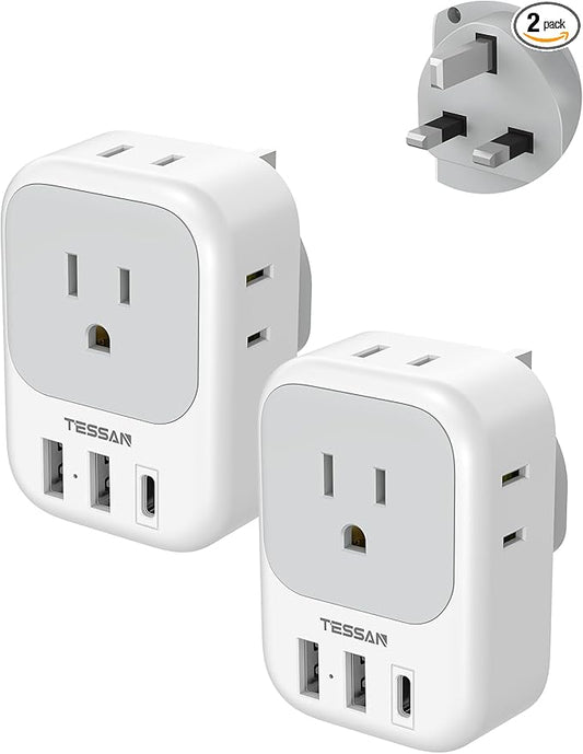 UK Adapters for Travel 2 Pack, TESSAN Type G US to UK Plug Adapter with 4 Outlets 3 USB Charger(1 USB C Port), Power Adaptor for USA to Ireland Scotland Dubai Hong Kong England British Kenya London