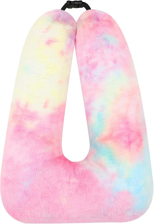 Kids Travel Pillow for Car Seat with Hand Muff, Cartoon Neck & Headrest Seat Belt Pillow for Car Road Trips Long-Distance Travel Sleeping Pillow for Adults and Children, Tie-dye - Rainbow Pink