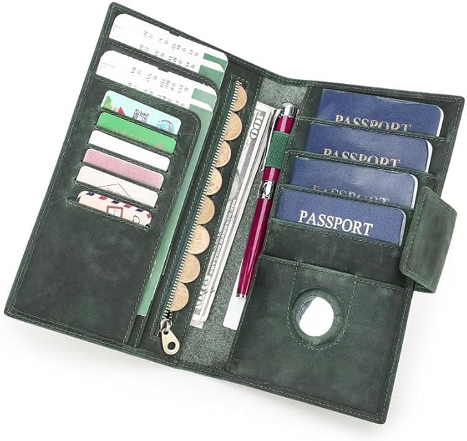 Unisex Genuine Leather Wallet Retro Crazy Horse Leather RFID Blocking Family Travel Passport Holder Slot (Green)
