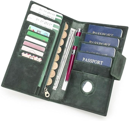 Unisex Genuine Leather Wallet Retro Crazy Horse Leather RFID Blocking Family Travel Passport Holder Slot (Green)