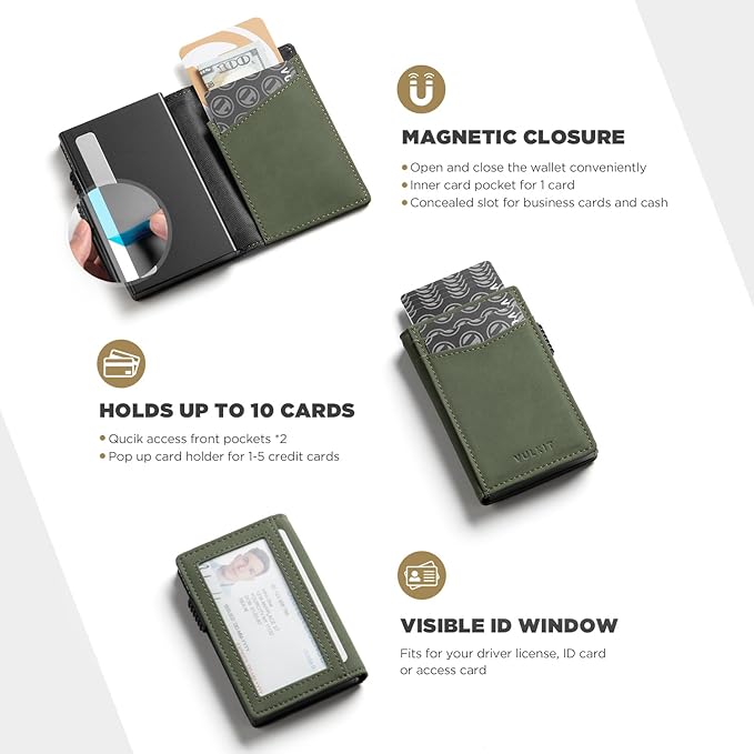 VULKIT Men's Wallet with ID Window Premium Leather Wallets RFID Blocking Minimalist Wallet Pop Up Card Holder Magnetic Closure