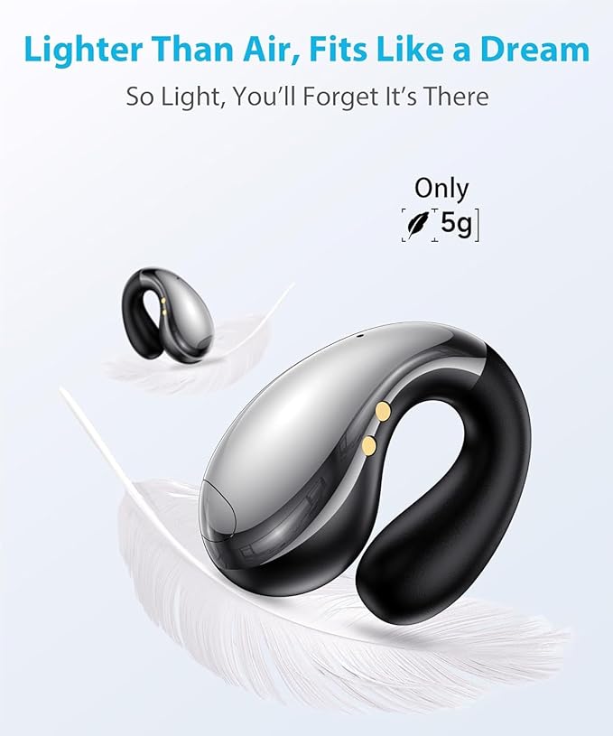 Ultra Open Ear Earbuds - Ergonomic Clip-On Earbuds, Bone Conduction Over-The-Ear Headphones with Waterproof Design and Secure Fit for Small Ears, Crystal Black