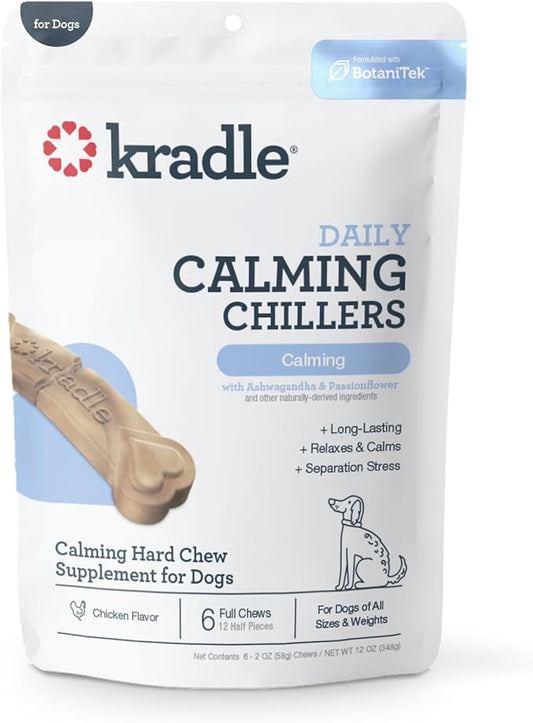 Kradle Chillers Hard Chews for Dogs - Ashwaganda GABA L-Theanine - Supports a Calm Demeanor - 6 Hard Chews