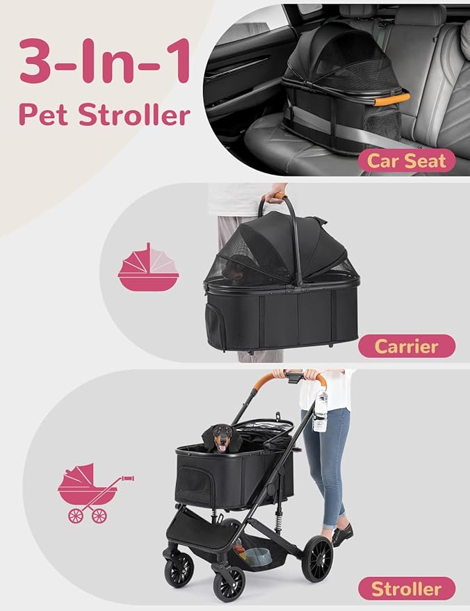 Dog Stroller for Small Medium Dogs Up to 60lbs, 4 Wheels Folding Pet Stroller with Detachable Carrier, Pet Travel Carrier for 2 Dogs & Cats, Storage Basket, Breathable Mesh, Cup Holder, Black