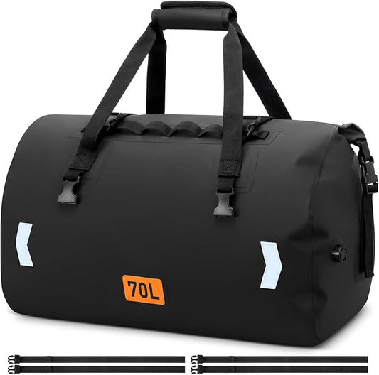Waterproof Duffel Bag, 70L Roll-top Motorcycle Dry Bag with Air Valve & Quick-fixed Straps, Travel Duffle Bags for Kayaking Paddle Boarding Rafting Boating Camping Riding Fishing - Black