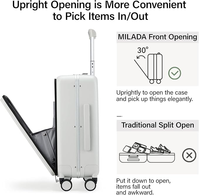 MILADA Carry On Luggage 22x14x9 Airline Approved Spinner Wheels TSA Luggage 20 Inch Hard Shell Suitcases Front Opening Pocket Rolling Aluminum Frame Travel Luggage,Smoke White