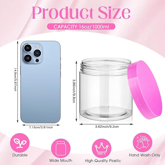 SATINIOR 12 Pack 16 oz Plastic Container Jars with Lids Round Clear Travel Cosmetic Container Slime Jars for Toiletries, Lotion, Cream, Ointments, Makeup, Rhinestone, Samples, Kitchen Storage(Pink)
