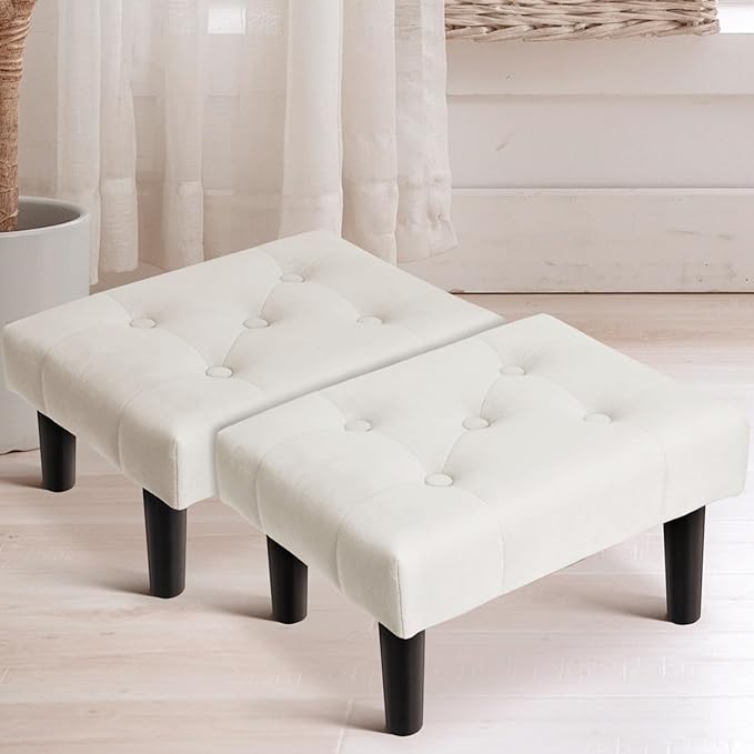 HOUCHICS Small Footstool Ottoman,Velvet Soft Footrest Ottoman with Wood Legs,Sofa Footrest Extra Seating for Living Room Entryway Office(White 2PACK)