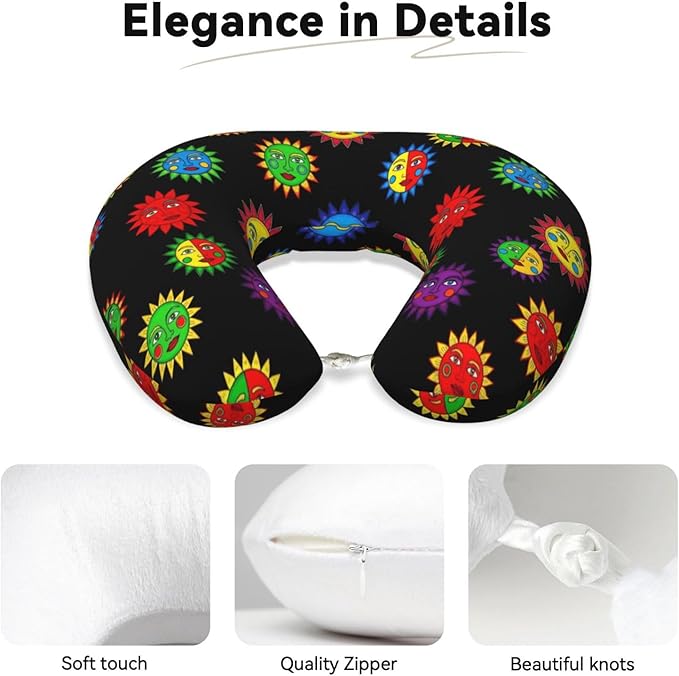 Neck Travel Pillow, Women Men Washable Airplane Car Pillows Trippy Sun Moon Art Black, Head Support Rest U Shaped Cushion Comfortable for Watching TV