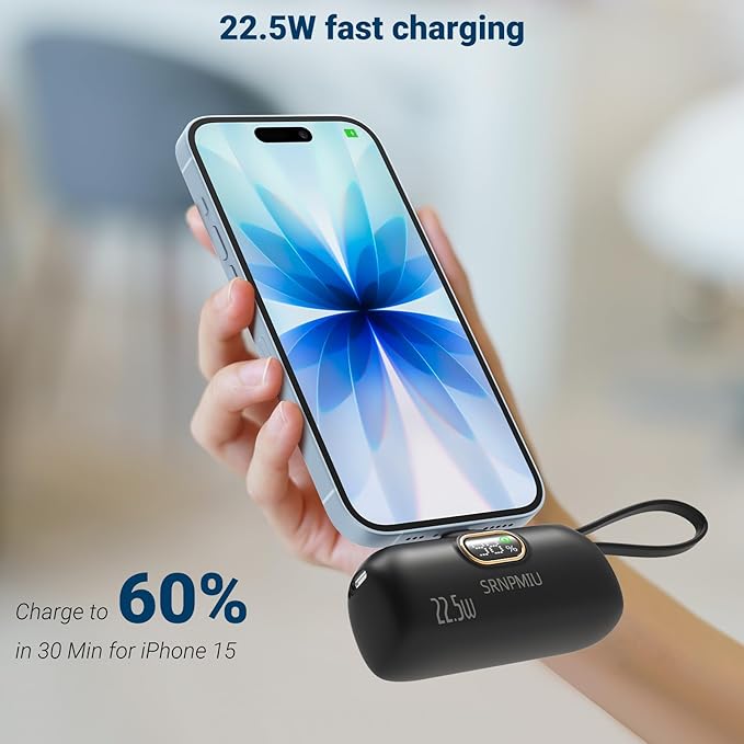 Portable Charger for iPhone 17/16/15 Series, 5000mAh Mini Power Bank with Built-in USB C Connector, 22.5W Fast Charging Battery Pack for Samsung Galaxy S25/S24/S23 Series, iPad etc (Black)