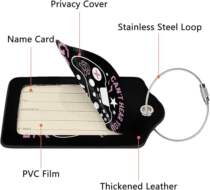 2 Pack Luggage Tags for Suitcase, Privacy Cover ID Label with Stainless Steel and Address Card for Travel Bag Backpack Cruise Ship Essentials Tag Women - Can't Hear You I'm Gaming Gamer Girl
