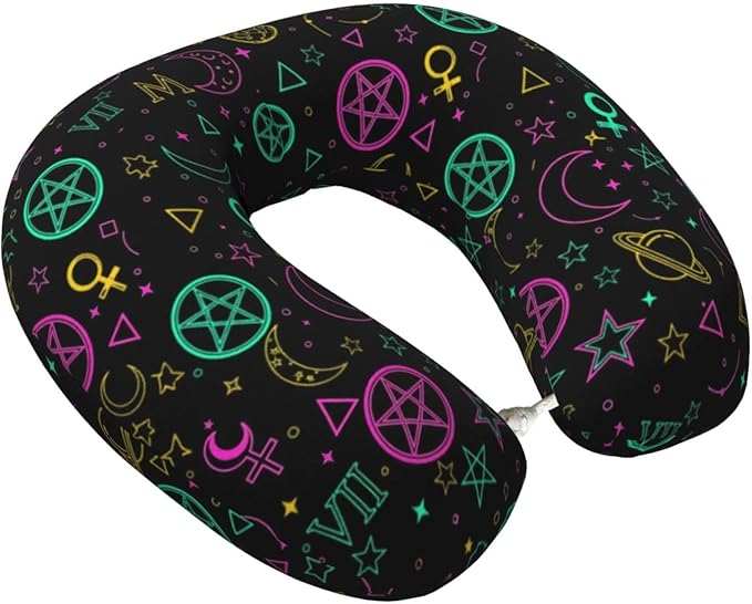 Travel Pillow Chin Neck Support, Comfortable Airplane Car Pillows for Rest, Memory Foam U Shaped Office Home Nap Sleeping Cushion Witch Magic Sun Moon Star Alchemical Cosmic Signs Witchcraft
