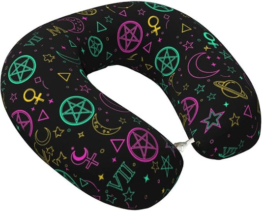 Travel Pillow Chin Neck Support, Comfortable Airplane Car Pillows for Rest, Memory Foam U Shaped Office Home Nap Sleeping Cushion Witch Magic Sun Moon Star Alchemical Cosmic Signs Witchcraft