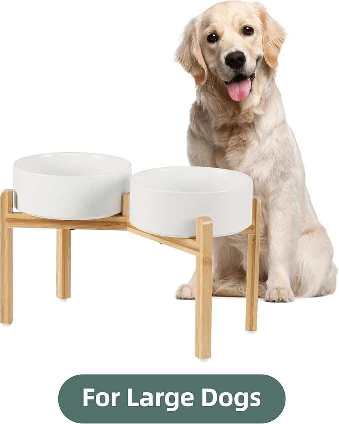 Ceramic Raised Double Bowls Set with Stand, Food & Water Bowls for Large Breed Dogs, Weighted Dog Dishes, Pet Bowl(8.2'',60OZ, White)