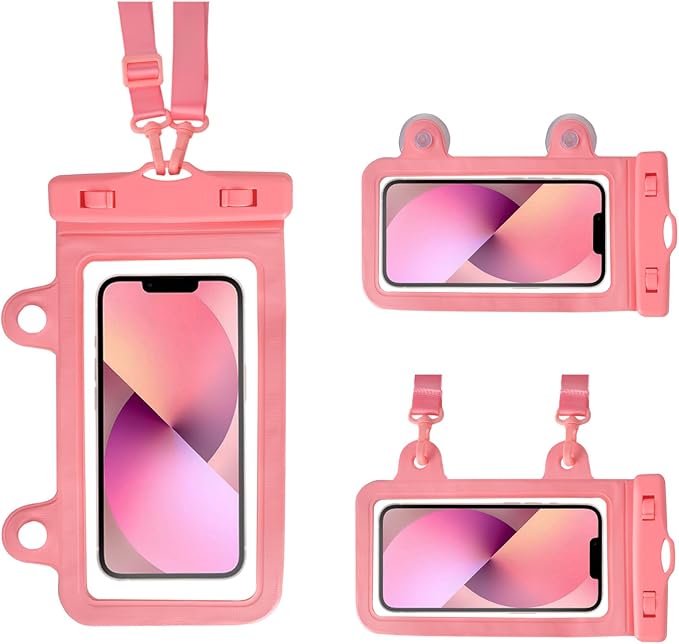 XL Waterproof Phone Pouch iPhone &Shower Phone Holder Waterproof with 2 Suction Cups,Water Phone Protector Pouch with Adjustable Lanyard,Floating Phone Case for iPhone 16 15 14 Pro Max (Pink)