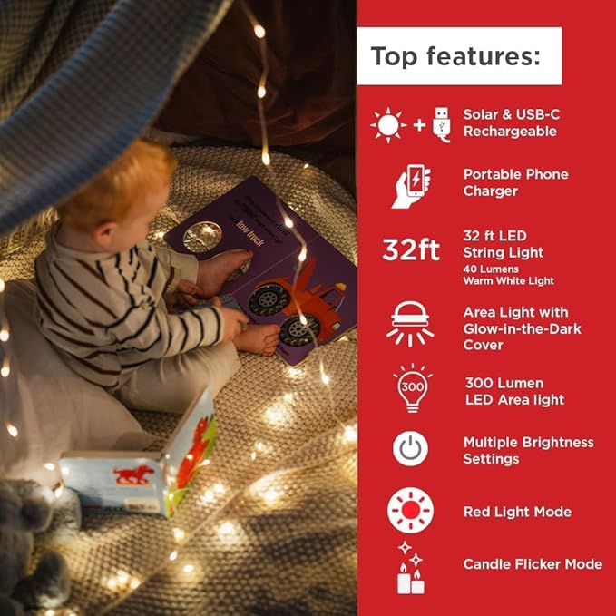 LuminAID Solar String Light with Phone Charger - Tent Lights for Camping - 32 ft Sting Lights Perfect for Camping, Backyard, Patio, RVs, Power Outages (2 Pack)