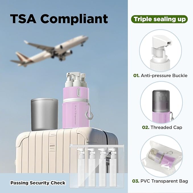 YOTIME 4in1 Travel Bottles with Suction Cup, TSA Approved Leak Proof Travel Size Containers for Toiletries, Refillable Travel Accessories for Shampoo, Body Wash and Conditioner, Pink