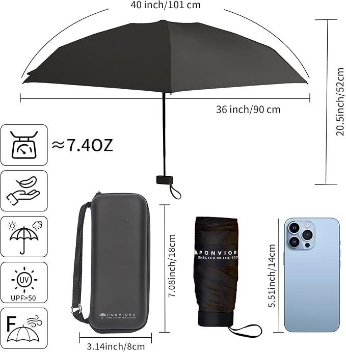 Compact Mini Windproof Travel Umbrella-UPF 50+ Sun & Rain Protection, Small Folding Design Fits in Pocket or Purse, Lightweight Portable with Case for Women, Men & Kids