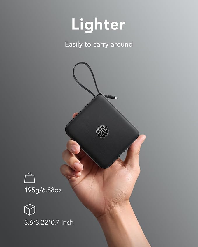 VRURC Portable Charger with Built-in Cable, 10000mAh 22.5W Fast Charging USB C Battery Pack, Cell Phone Power Bank for iPhone 17 16 15 Samsung Galaxy S25 S24 S23 Series Android Tablet, Black(1 Pack)