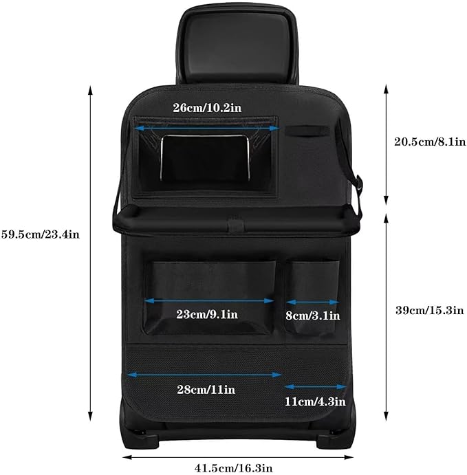 HSEAREA Car backseat organizer,with tablet holder, 6 storage pockets, foldable food tray, car seat back protectors kick mats, travel accessories, black (2)