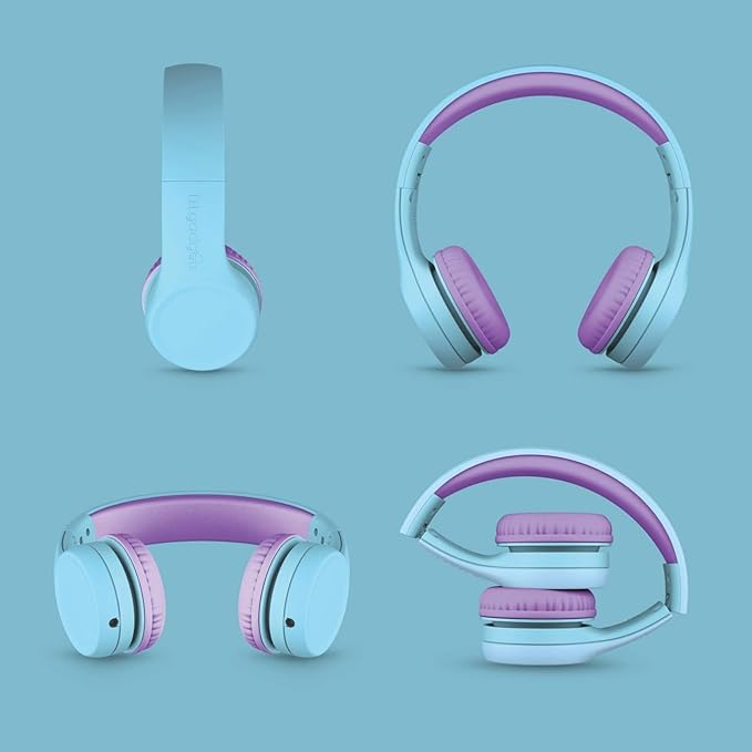 LilGadgets Connect+ Foldable Headphones, Adjustable Fit Soft Touch Padding for Kids with Mic, Volume-Limited & Noise Reduction On-Ear Wired Headset for School with SharePort - Blue/Purple, Ages 3-14