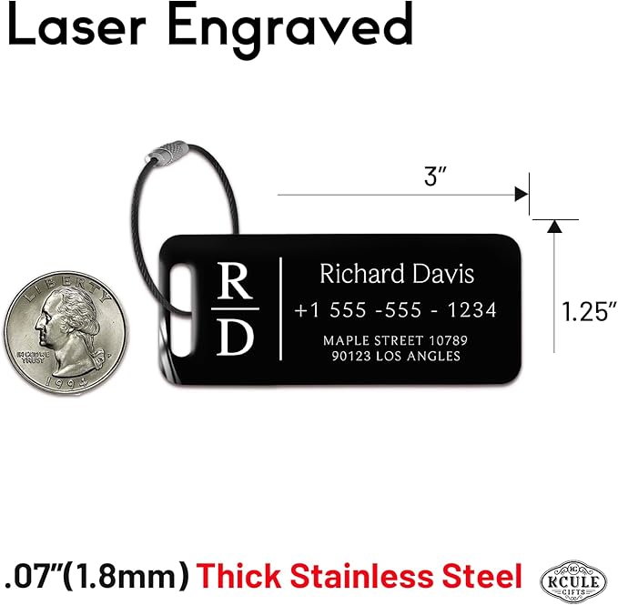 Personalized Luggage Tags for Suitcases 4 Pack - Stainless Steel Custom Luggage Tags for Backpacks & Bags, Sturdy, Waterproof & Heavy Duty (Black / 3" x 1.25")