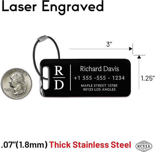 Personalized Luggage Tags for Suitcases 4 Pack - Stainless Steel Custom Luggage Tags for Backpacks & Bags, Sturdy, Waterproof & Heavy Duty (Black / 3" x 1.25")