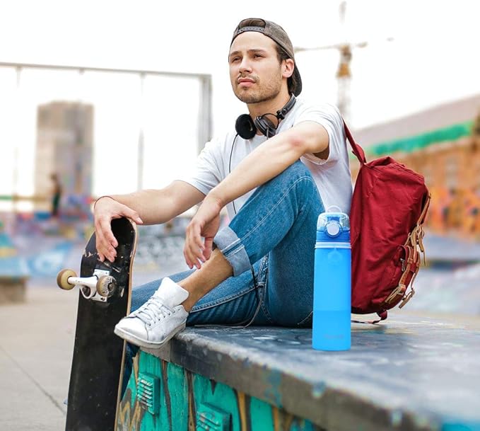 Valourgo Collapsible Water Bottle, Silicone Foldable with Leak Proof Valve BPA Free, Aqua Blue, 21 oz