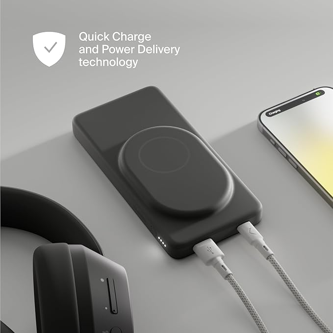 Clemm Portable 10000 mAh Wireless Power Bank, Travel Essential, Quick Charging for iPhone 16/15/14/13/12/11/X, Samsung Galaxy, iPad, Google Pixel & More - USB-C × 1 & USB-A × 1, Graphite