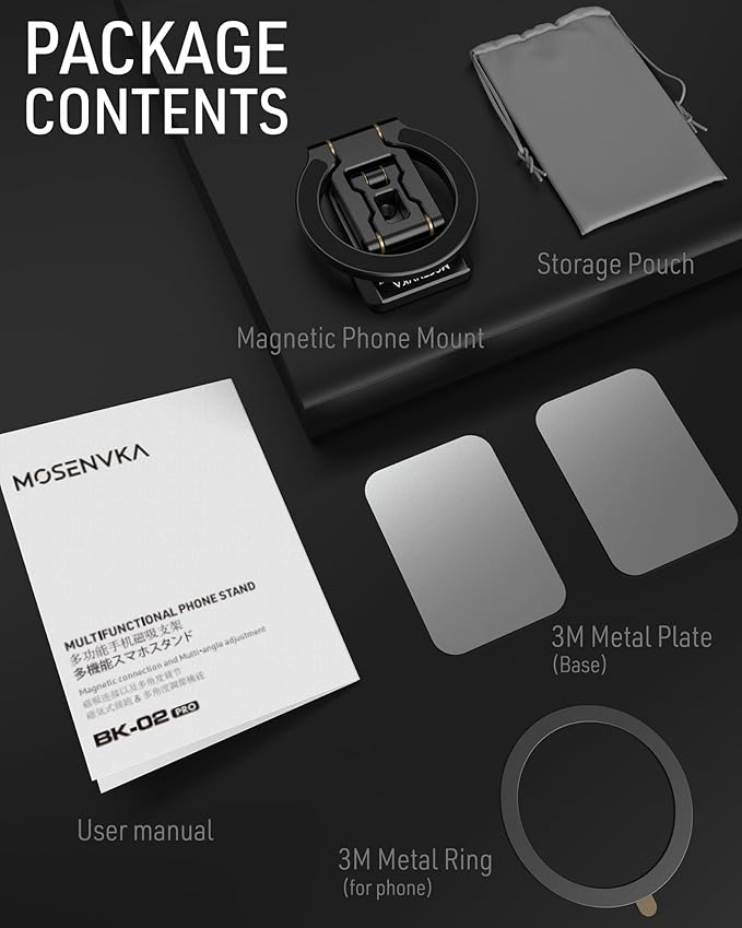 Dual Magnetic Phone Holder Gym Magnetic Stand,Tripod Phone Mount (1/4'' Hole& ARCA-Swiss),Portable Phone Grip for iPhone 12/13/14/15/16/17-Desk/Car/Gym/Golf Cart/Airplane Use Stand (Black)