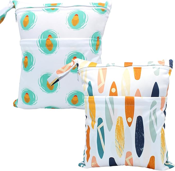 Wet Dry Bag Waterproof Reusable Wet Bag for Swimsuit, Travel, Bathing, Beach, Pool, Diapers, Yoga Gym Bag Dirty Wet Clothes Daycare Organizer with Two Pockets (duck skateboard)