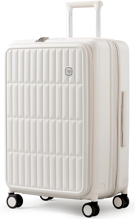 aji Expandable Top Open 24 Inch Checked Luggage with Spinner Wheels, Large Suitcase with TSA Lock, Hardside Travel Luggage Suitcases for Men Women, for 14+Days Travel, Coconut White