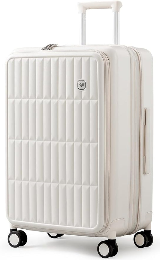 aji Expandable Top Open 24 Inch Checked Luggage with Spinner Wheels, Large Suitcase with TSA Lock, Hardside Travel Luggage Suitcases for Men Women, for 14+Days Travel, Coconut White