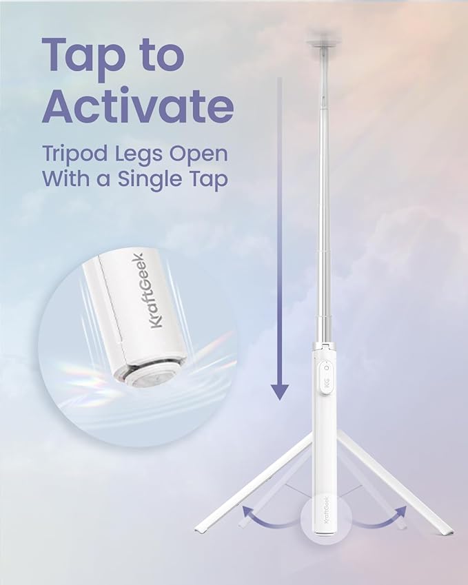 KraftGeek Magnetic Phone Tripod for iPhone MagSafe – 66'' Automatic Selfie Stick with Remote, Portable Tripod Stand for Video Recording, Travel, Vlogging (White)