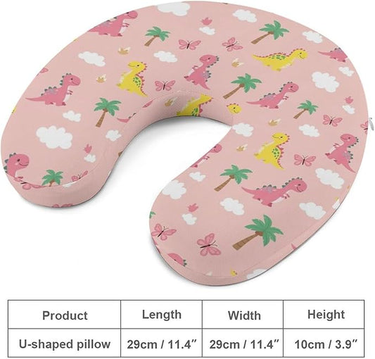 Cute Travel Neck Pillow Pink Cute Dinosaurs Memory Foam U Shaped Cushion, Washable Cover for Boys Girls Airplane Car School Nap