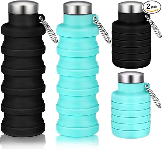 Baderke 2 Pcs Collapsible Water Bottles 17oz Silicone Travel Foldable Portable Water Bottle with Buckle Silicone Lightweight Reusable Leakproof for Camping Hiking Cycling Sport(Green, Black)